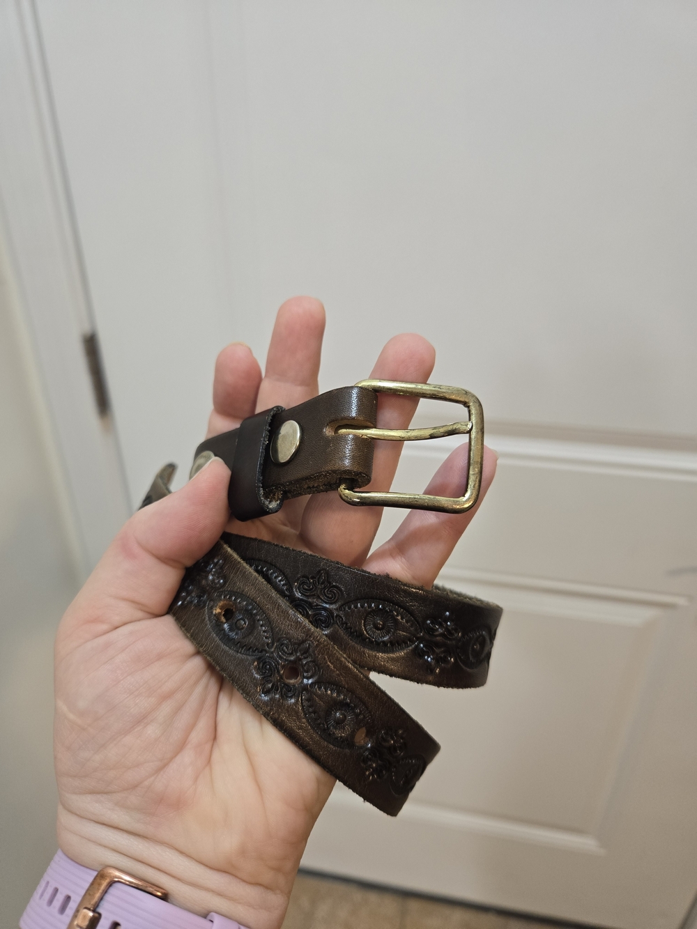 Women's Embossed Leather Belt with Brass Buckle - Dark Brown